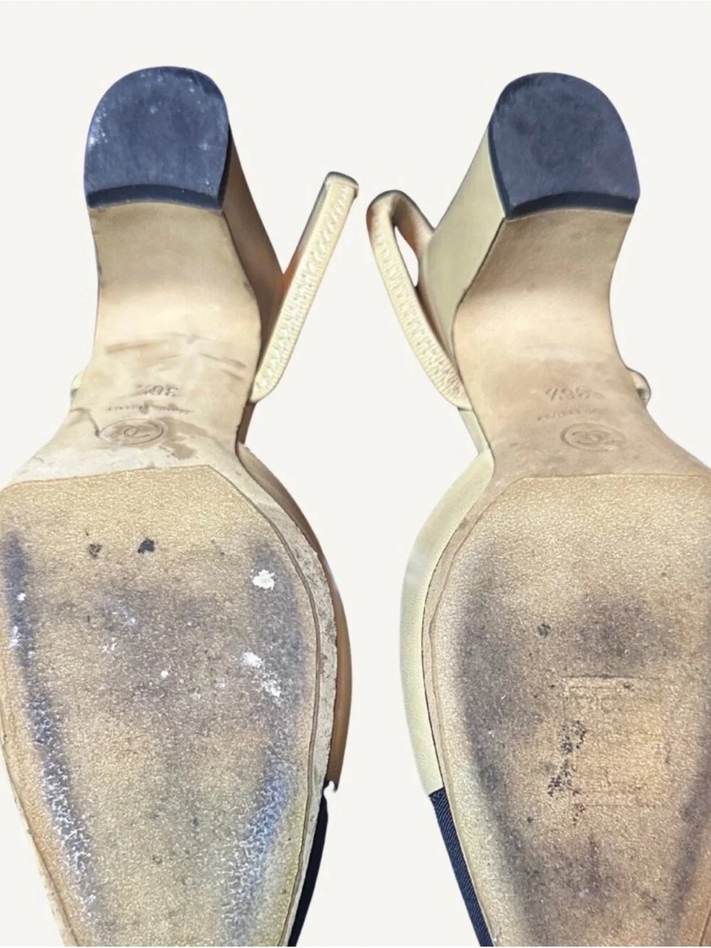 Chanel Lambskin Beige Black Cap Toe Slingback Heels 36.5